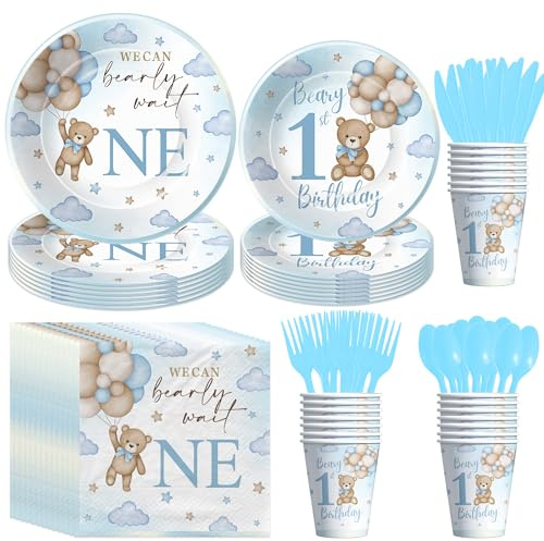 Xigejob Bear First Birthday Decorations Supplies for Boy, Blue, Serves 24 | Disposable Teddy Bear 1st Birthday Party Supplies Tableware, Dinner Plate, Dessert Plate, Paper Cup, Napkin, Cutlery