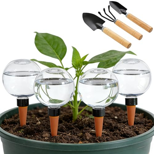 Ynwilarz 4 Pcs Plant Watering Globes, 500 ML Large Capacity Plant Watering Device, Slow Release Ball Shaped Plant Bulbs Insert with Garden Tool Set for Indoor Outdoor Plants