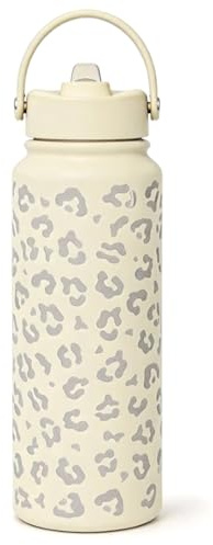Bryxora Insulated Water Bottle with Straw Lid (800ml) - 24 Hours Cold - Iced for 48 Hours - Leakproof - BPA Free - Easy to Carry - Vacuum Insulated Double Walled Stainless Steel Flask (Cream Leopard)