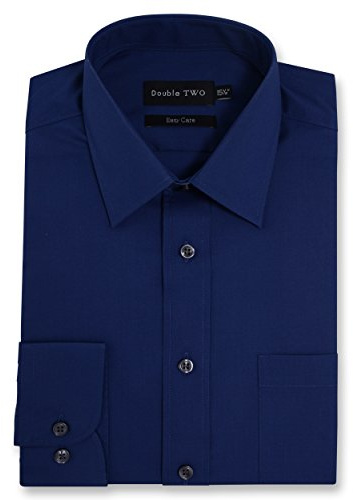 Double Two Men's Shirts Long Sleeve Smart Casual Regular Fit Wedding Work Cotton Blend Shirt Navy Blue