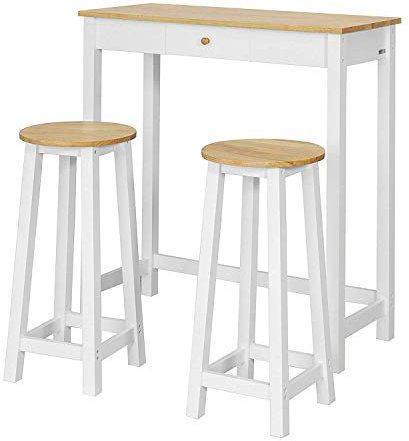 SoBuy FWT50-WN Set de 1 Table + 2 Tabourets Ensemble Table de Bar bistrot + 2 tabourets avec Repose-Pieds Table Mange-Debout Table Haute Cuisine – Blanc Naturel