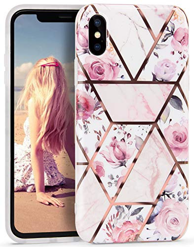 Imikoko iPhone X/Xs Case, Glitter Rose Gold Striped Design Shiny Floral Bumper Case, Shockproof Silicone TPU Soft Case for iPhone X/Xs 5.8 Inch - White Flower
