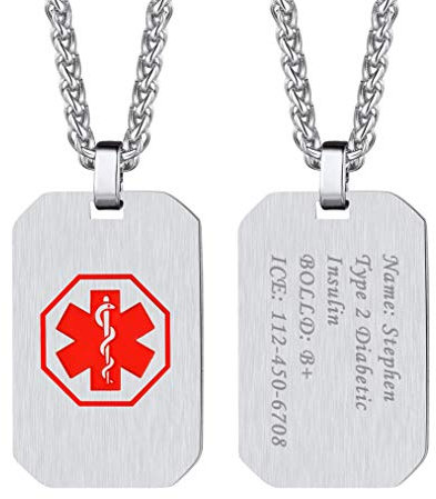 Bandmax Medical Alert Kette personalisiert achteckige Dog Tag Anhänger Edelstahl Erkennungsmarke mit 60cm Weizenkette SOS Notfall Identifizierung Gravur Schmuck Accessoire für Allergien