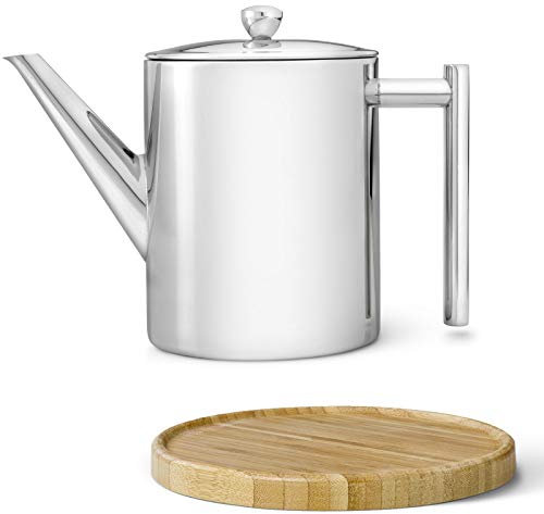 hohe glänzende doppelwandige Edelstahl Teekanne 1.2 Liter & klassischer Teebereiter mit Tee-Filter Sieb-Einsatz für losen Tee & runder brauner Holzuntersetzer