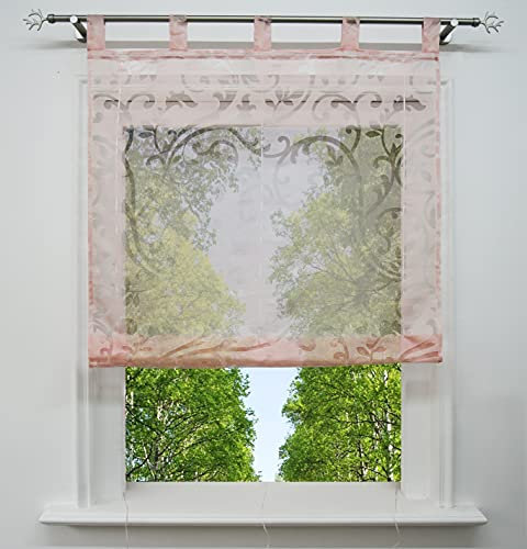 Raffrollo mit Ausbrenner Design Fenster Gardine Voile Raffgardinen mit Schlaufen (Pink, BxH 120x150cm)