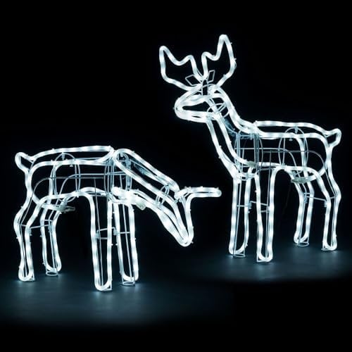 CHRISTOW Light Up Reindeer Family Outdoor Christmas Decoration, Energy Efficient LED Rope Light, Freestanding Silhouette, Mains Operated (2pc Set)