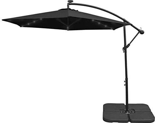 Monster Shop LED Cantilever Parasol 3m Black Banana Hanging Umbrella Garden Sun Shade Canopy Patio 360 Rotation Tilt UV Protection Winding Crank 24 Solar Powered Cool White Lights FREE Rain Cover