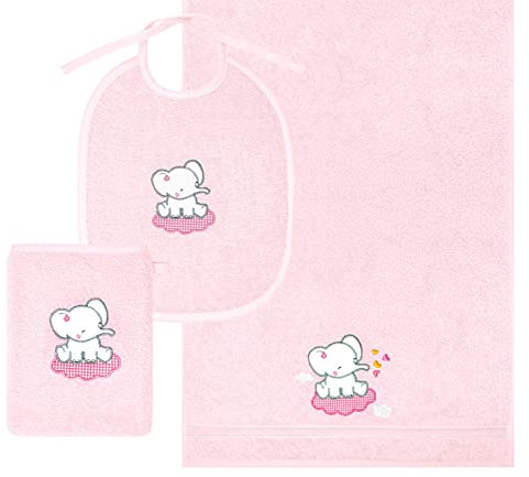 Lashuma 3er Baby Geschenkset rosa, je 1x Handtuch 50x90 - Waschlappen 15x21 - Lätzchen 25x30, Stick: Elefant