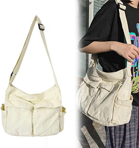Knowoo Canvas Messenger Bag Large Capacity Hobo Crossbody Bag with Multiple Pockets Casual Bags Shoulder Tote Bag for Women and Men Shopping Work Traveling, Weiß, M