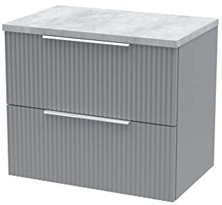 Hudson Reed DFF293LBG Fluted Modern Bathroom Wall Hung 2 Drawer Vanity Unit with Bellato Grey Laminate Worktop, 600mm, Satin Grey