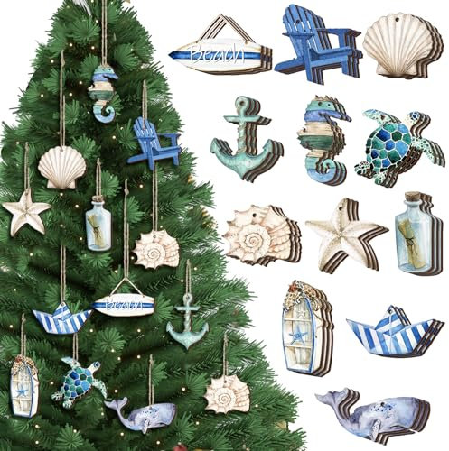 Maitys 36 Pcs Ocean Beach Wooden Ornaments Christmas Tree Decorations Coastal Nautical Seaside Wood Cutouts Navigation Hanging Ornaments Xmas Decorations for Home Small Tree Crafts(Beach Sea)