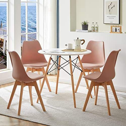 FURNITABLE Mesa de comedor redonda con 4 sillas de comedor rosa Diseño escandinavo con patas de madera y estructura de metal para cocina, salón salón