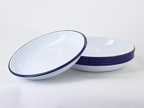 Juego de 6 Platos Hondos de Acero Esmaltado Vitrificado Blanco Ribete Azul 25 cm Diámetro 3,5 cm Altura