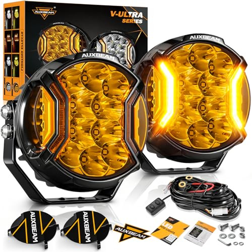 Auxbeam V-Ultra Series LED Round Pods, 12,7 cm 172 W Offroad Driving Side Shooter Light with Amber DRL, 270° Wide Range 3 Modes Yellow/Amber Fog Hyper Spot Beam Ditch Lights with Black Cover