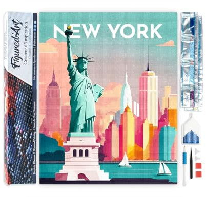Figured'Art Diamond Painting Erwachsene 40x50cm Ganze Leinwand gerollt Reiseposter New York 5D Bilder Eckige Steine - DIY Set Basteln