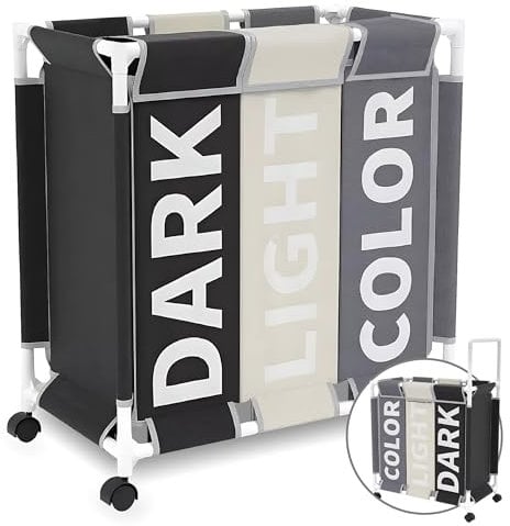 Cesto Ropa Sucia 3 Compartimentos con capacidad de 120 L, Cesta Ropa Sucia con Tapa y Ruedas, Cesto Ropa Sucia con Mango y con 2 bolsas para la lavadora, Laundry Basket