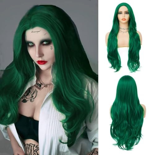 Salaibs Grün Lang Lockige Perücke für Damen Synthetische Hitzebeständige Mittelteil Haar Perücke für Halloween Cosplay Gebrauch