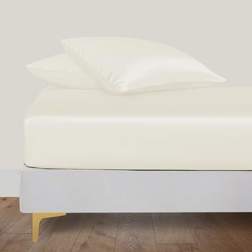 LINENWALAS Organic Vegan Bamboo Silk Fitted Sheet 160x200 cm, Deep Pocket up to 40 cm Soft, Oeko-Tex Certified Cooling Bamboo Bedding Only Fitted Sheet Perfect for Skin (Ivory)
