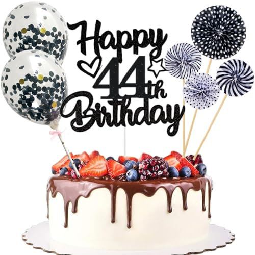 Anlgdi Tortendeko 44. Geburtstag Mann Frau, Kuchen Topper Happy 44th Birthday Schwarz, Glitzer Cake Topper 44. Geburtstag Ballons Konfetti Papierfächer für Geburtstagstorte Deko 44 Jahre Frauen Männer