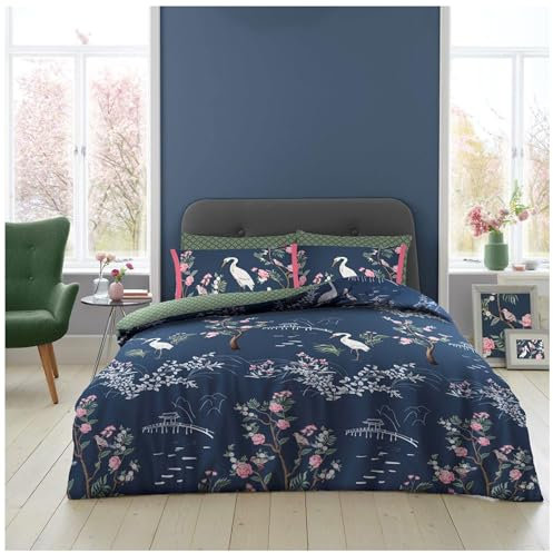 Lions Navy Blue Bedding Sets - Duvet Cover Single Bed with Matching Pillowcase, Reversible Blossom Floral Quilt Covers, 2 Piece Poly Cotton Bed, Easy Care, 137x200cm