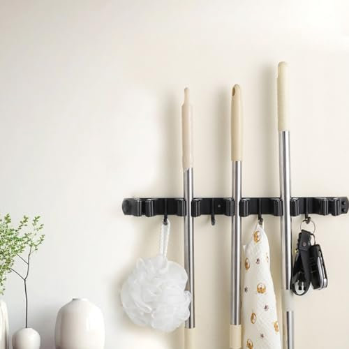 Broom Holder Wall Mount, Stainless Steel Over The Door Broom Holder Wall Mount Mop and Broom Holder, Utility Broom Gripper Drilling Free Mop Hanger for Laundry Room, Garage, Kitchen, Closet, Bathroom,
