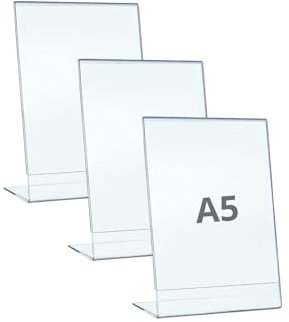 PAJADA espositore A5, plexiglass trasparente, Pack da 3 con base a L, porta menu, porta listini, porta avvisi da banco, portaprezzi A5.