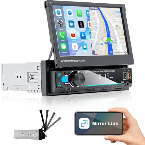 Pantalla Táctil Extraible 1 DIN de 7 Pulgadas,Radio de Coche con Bluetooth Manos Libres Mirror Link FM Radio 7 Luces de Color SWC,Soporte USB/AUX/Type-C
