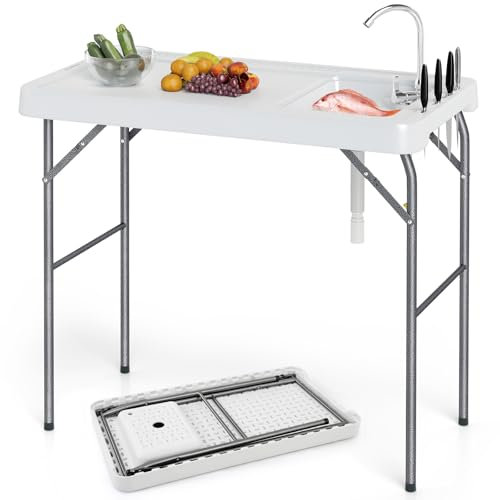 GYMAX Table Extérieure avec Robinet Pliable, pour Camping, Pique-Nique, Barbecue, Design Pliable Portable, Rainures pour Rangement des ustensiles, Table de Préparation de Poisson, de Cuisine