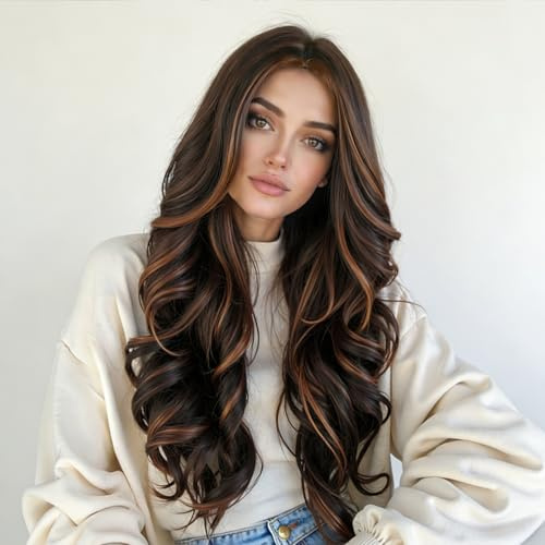 Wignee Highlight Body Wave Perücke Für Damen Ombré-Braun Gestuft | Gestufte, Gewellte Kunsthaarperücke, Hitzebeständig, Ombré-Braun, Ideal Für Partys Und Andere Festliche Anlässe 61Cm (24Zoll)