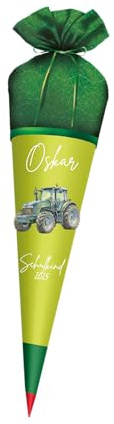 Generisch Personalisierte Schultüte aus Stoff mit Name – Lila Zuckertüte für Mädchen – Wunschmotiv – Einschulung 2026 – Schultüte personalisiert (Traktor)