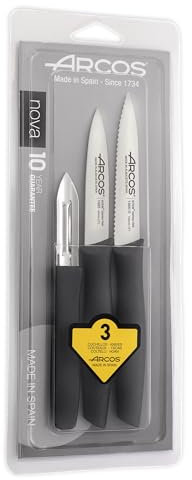 Arcos Serie Nova - Set 3 pzas. Cuchillos Mondadores - Hoja de Acero Inoxidable de 60 mm / 85 mm / 100 mm - Mango de Polipropileno Color negro