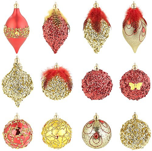 infactory Weihnachtsbaumkugeln: 12er-Set Weihnachtsbaum-Kugeln mit Pailletten & Federn, rot und golden (Baumschmuck, Weihnachtsbaumkugeln Set, Kinder Weihnachten)