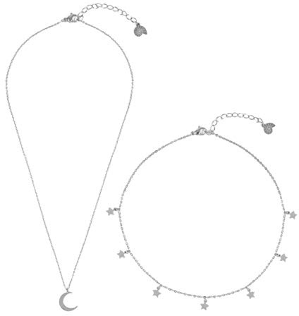 Happiness Boutique Damen Mond und Stern Schmuckset in Silberfarbe 2-TLG. | Zarte Kette mit Halbmond Anhänger und Choker Kette