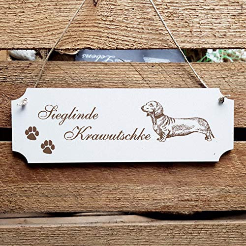 Schild Hund « Dackel Kurzhaar » Türschild mit persönlicher Wunschgravur und Motiv - Größe ca. 20 x 6,7 x 0,5 cm - Shabby Dekoration Namensschild Name - Hunde Kurzhaardackel
