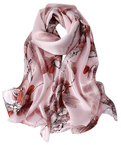STORY OF SHANGHAI Sciarpa di 100% Seta Charmeuse da Donna Foulard a Raso con Fantasie Orientale, Foglie su Rosa