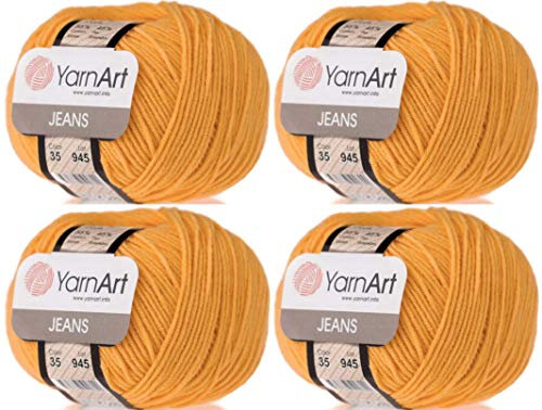 4 Knäuel YarnArt Jeans 55% Baumwolle 45% Acryl Garn Mischung Garn Häkeln Handstricken Kunst Lot von 4skn 200 gr 690 Yds (35-gelb)