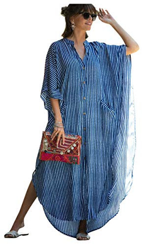 Vestito Cardigan Donna con Bottoni Lungo Abito Etnico Tribale Boho Chic Tunica da Spiaggia Caftano Africano Kaftano Indiano Kimono Mare Vestiti Stampa Floreale Copricostumi e Parei ZSCPDN0486TWDBU