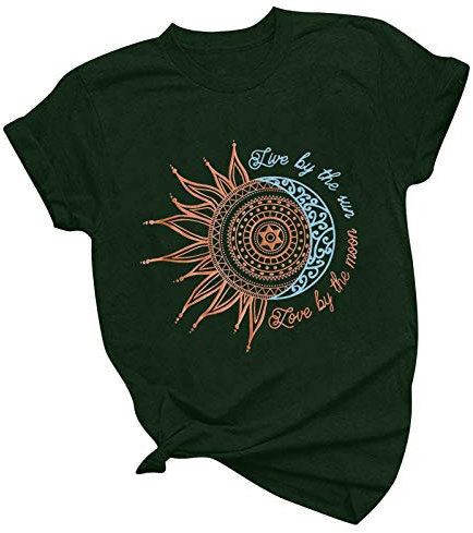 Xmiral Kurzarm T-Shirt Damen Retro Gedruckt Sun & Moon Pattern Tops Basic Shirt(a-Gr黱,3XL)