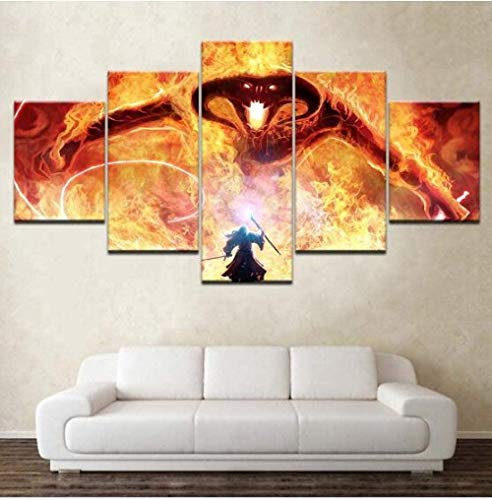 ERSHA Wandkunst 5 Teiliges Kunstdruck Hd Panel Vlies Leinwand Modulares Modernes Bild Wohnzimmer Home Decor Gemälde Gandalf Und Das Balrog-Filmplakat(Gerahmt)
