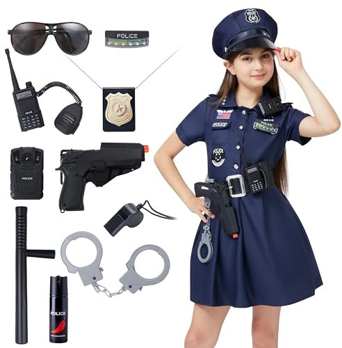 Spooktacular Creations Polizei Kostüm Kinder Polizeibeamter Polizistin Kostüm für Mädchen, Polizei Uniform Cooler dunkler Stil für Kinder Halloween Karneval Dress Up (Mittel,8–10 Jahre)