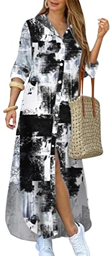 OMZIN Women Rolled Up Sleeve Button Down Lapel Dress Floral Print Maxi Dresses Loose Dress