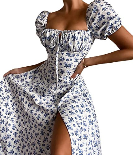 shownicer Damen Kleider Sexy Schulterfrei Blumen Sommerkleid Hohe Taille Lange Strandkleid Puffärmel Boho Kleid Kordelzug Maxikleid mit Schlitz A Dunkelblau XS