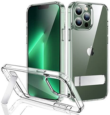 JETech Kickstand Case for iPhone 13 Pro, 6.1-Inch, Support Wireless Charging, Slim Shockproof Bumper Phone Cover, 3-Way Metal Stand (Clear)