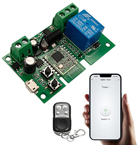 Relé inteligente Zigbee de 1 canal con control remoto 433RF para eWelink, Tuya Smart Life, Philips Hue, SmartThings Hub, Interruptor momentáneo/enganche para Alexa Google Home (requiere ZigBee Hub)