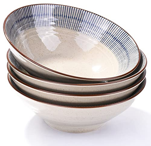 LMRLCS Lot de 4 bols japonais à ramen, 18 cm (718,9 g) en porcelaine, pour nouilles et soupes, passent au micro-ondes et au lave-vaisselle