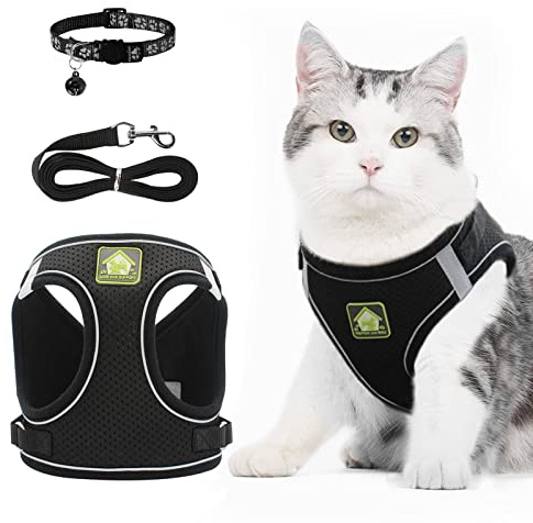 Katzengeschirr mit Leine, Katzengeschirr Leine Set mit Katzenhalsband, Ausbruchsicheres Verstellbares Weiches Katze Geschirr mit Katzenleine für Welpe Kleiner Hund Große Katzen (Schwarz, M)
