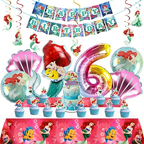 Meerjungfrau Geburtstag Deko, Meerjungfrauen Luftballon 6 Jahre, Party Luftballons Set, Meerjungfrau Kuchen Topper, Tischdecke, Happy Birthday Banner, Folienballons für Mädchen