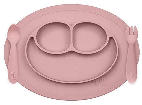 Lait Baby EUMFB005 Brei Set Mini Matte Saugnapf Effekt mit Abschnitten und Lernbesteck, Gabel und Löffel für Kinder +12 Monate Rosa Puder