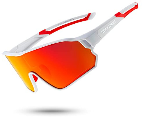 ROCKBROS Fahrradbrille Polarisierte Sonnenbrille Sportbrille Radbrille Herren Damen mit UV400-Schutz TR90-Rahmen für Outdoor-Sport Radfahren Laufen Weiß Rot