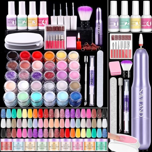Saviland Dip Powder Nail Kit Keratin: 30 Versatile Colors Dip Nail Powder Starter Kit Dip Nails Portable Nail Drill Kit Complete Dip Liquid Set Powder Tray Nail Strengthen Manicure DIY Home Nail Salon